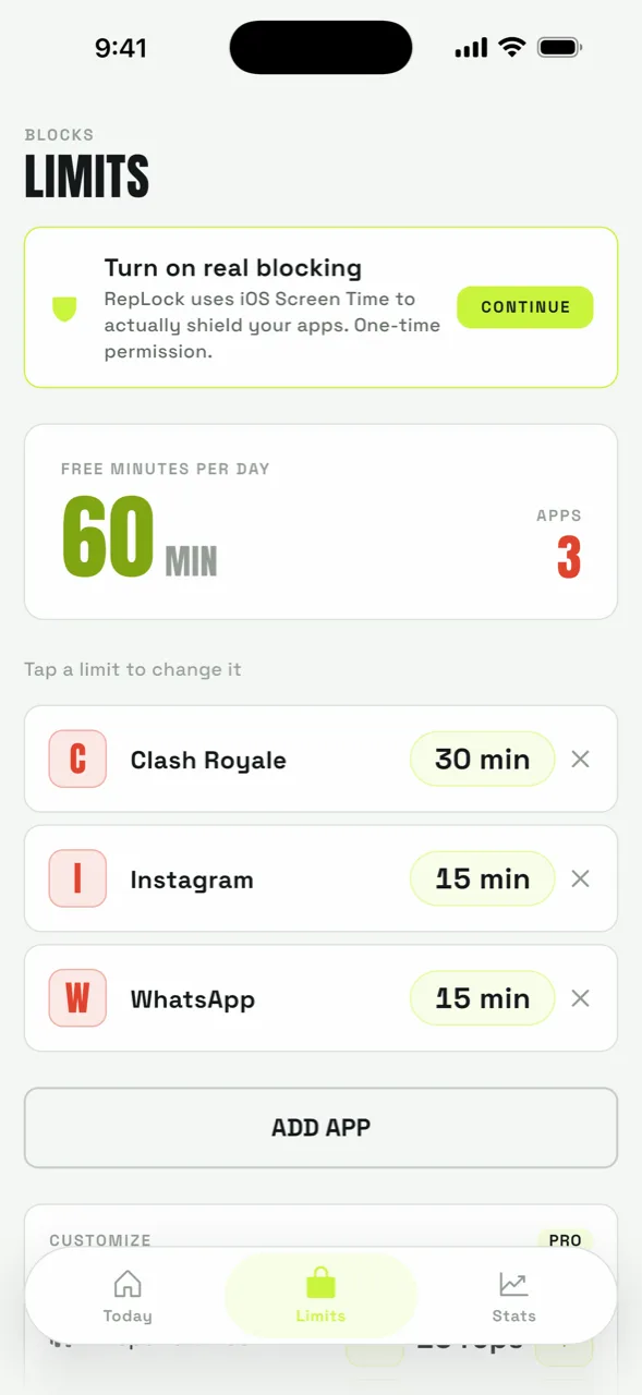 RepLock limits screen showing Instagram, Clash Royale and WhatsApp with their daily minutes