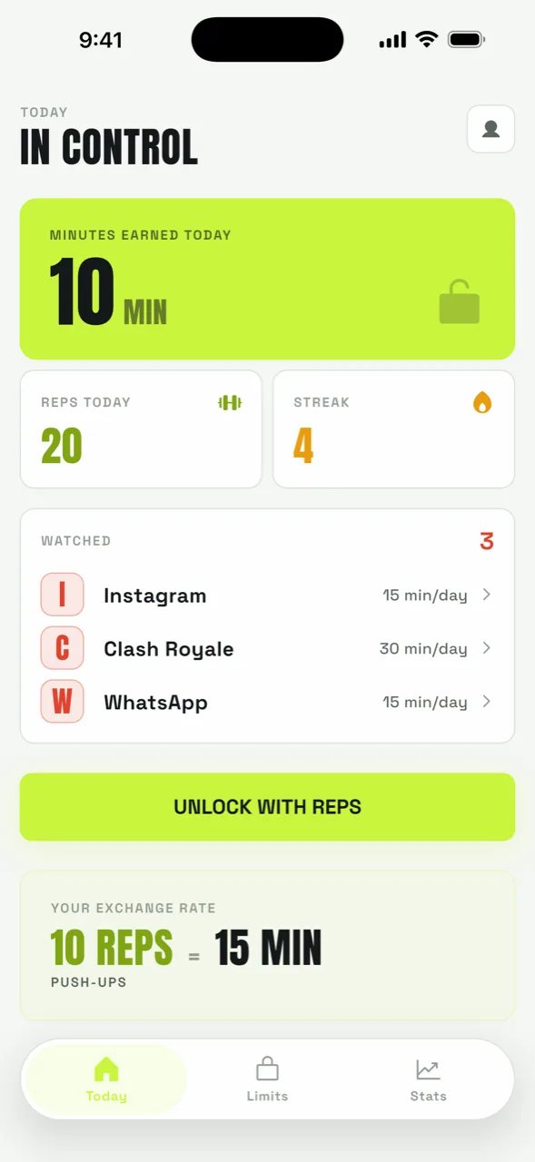 RepLock today screen with minutes earned, reps done today and the streak