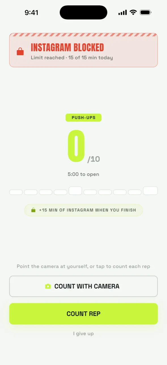 RepLock unlock screen: Instagram blocked and the push-up counter at 0 of 10