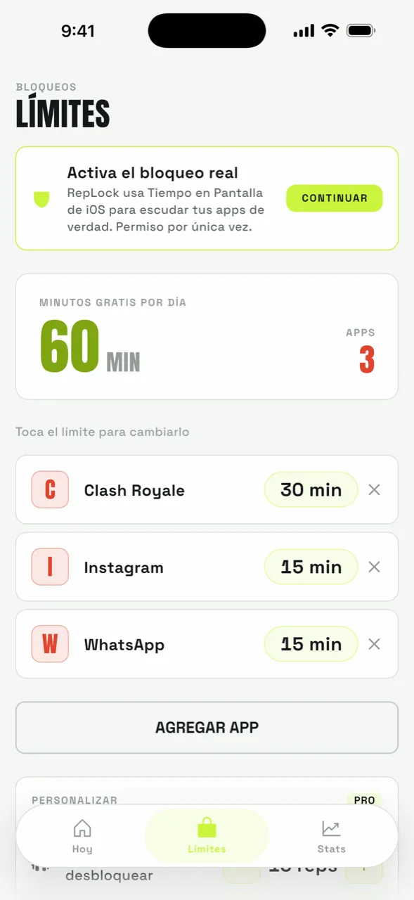 Pantalla de límites de RepLock con Instagram, Clash Royale y WhatsApp y sus minutos diarios