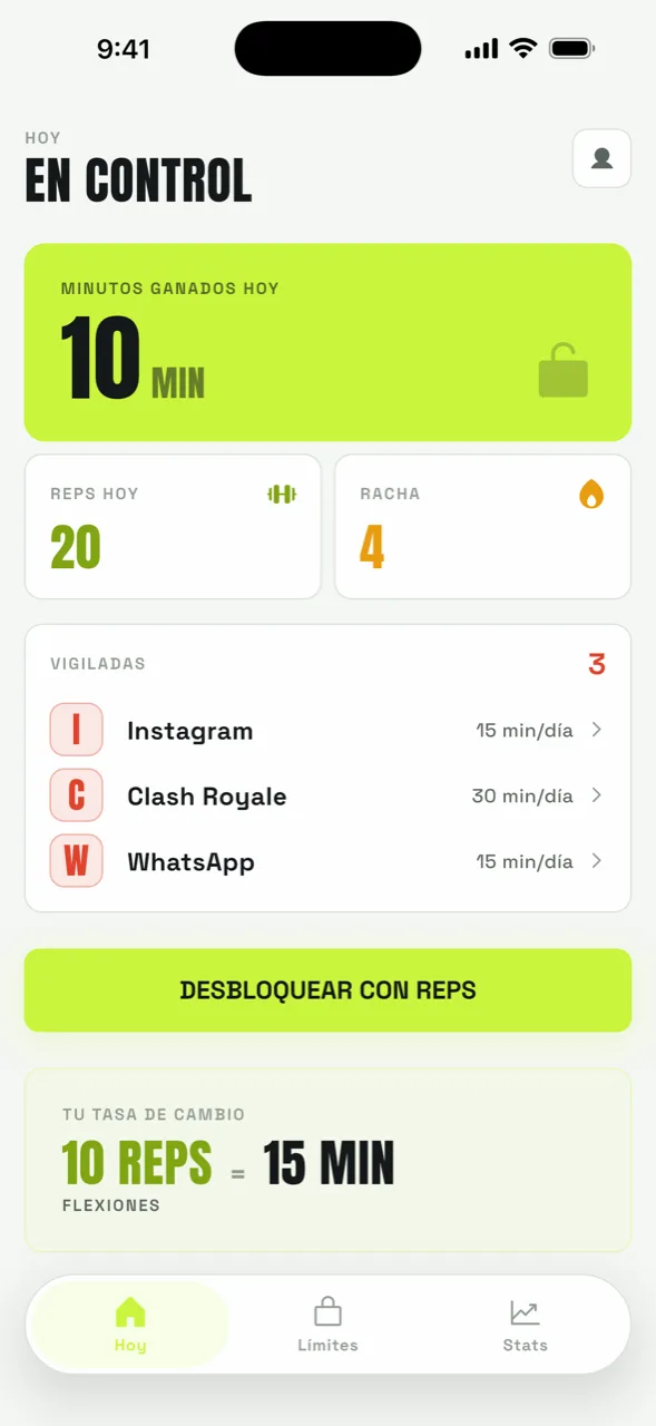 Pantalla de hoy de RepLock con los minutos ganados, las reps del día y la racha