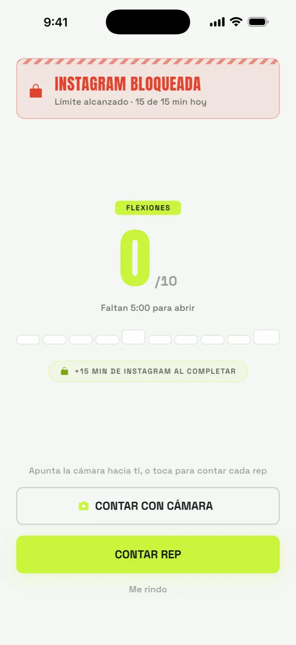 Pantalla de desbloqueo de RepLock: Instagram bloqueada y el contador de flexiones en 0 de 10